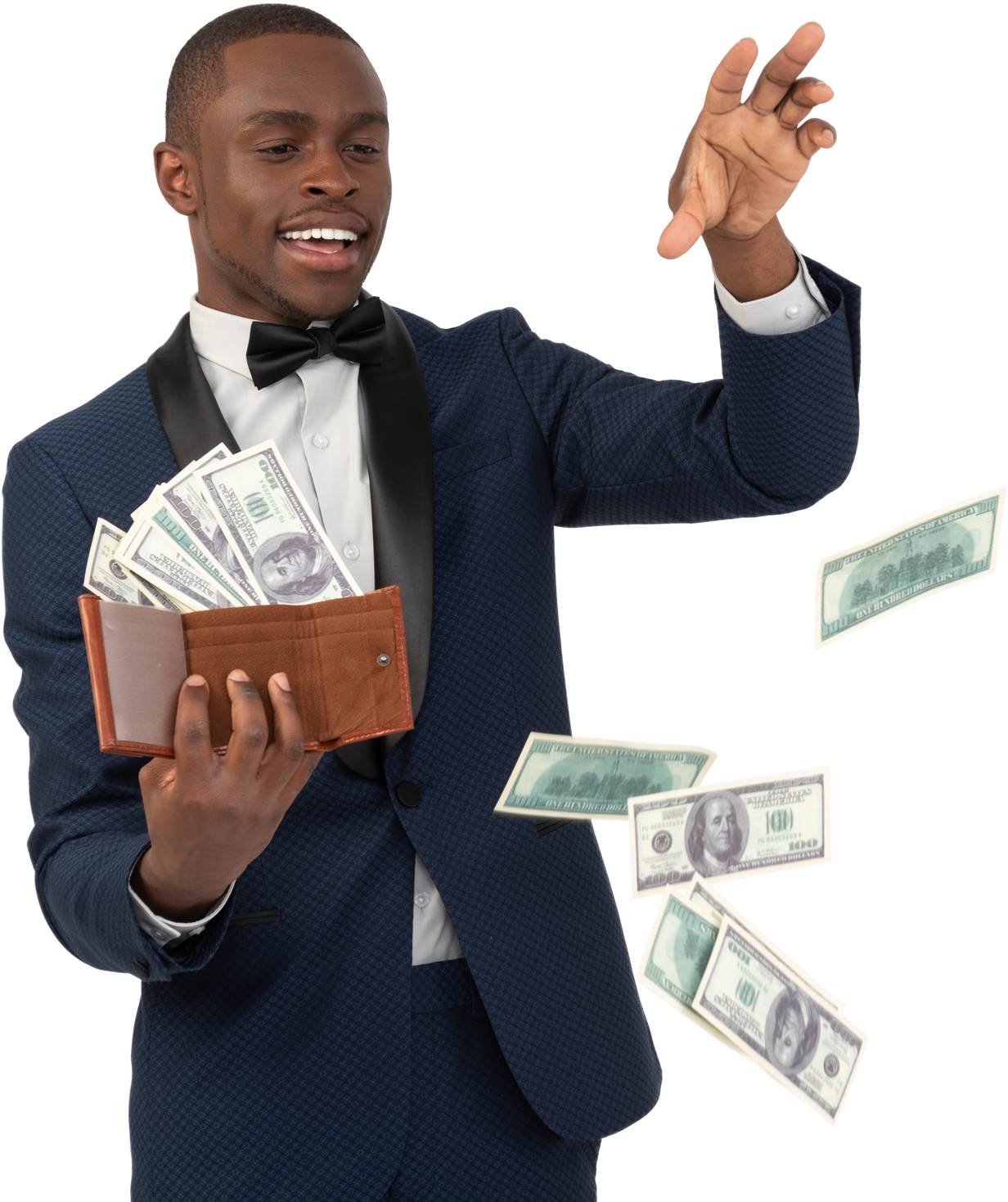 Man in black suit throwing money out of his wallet