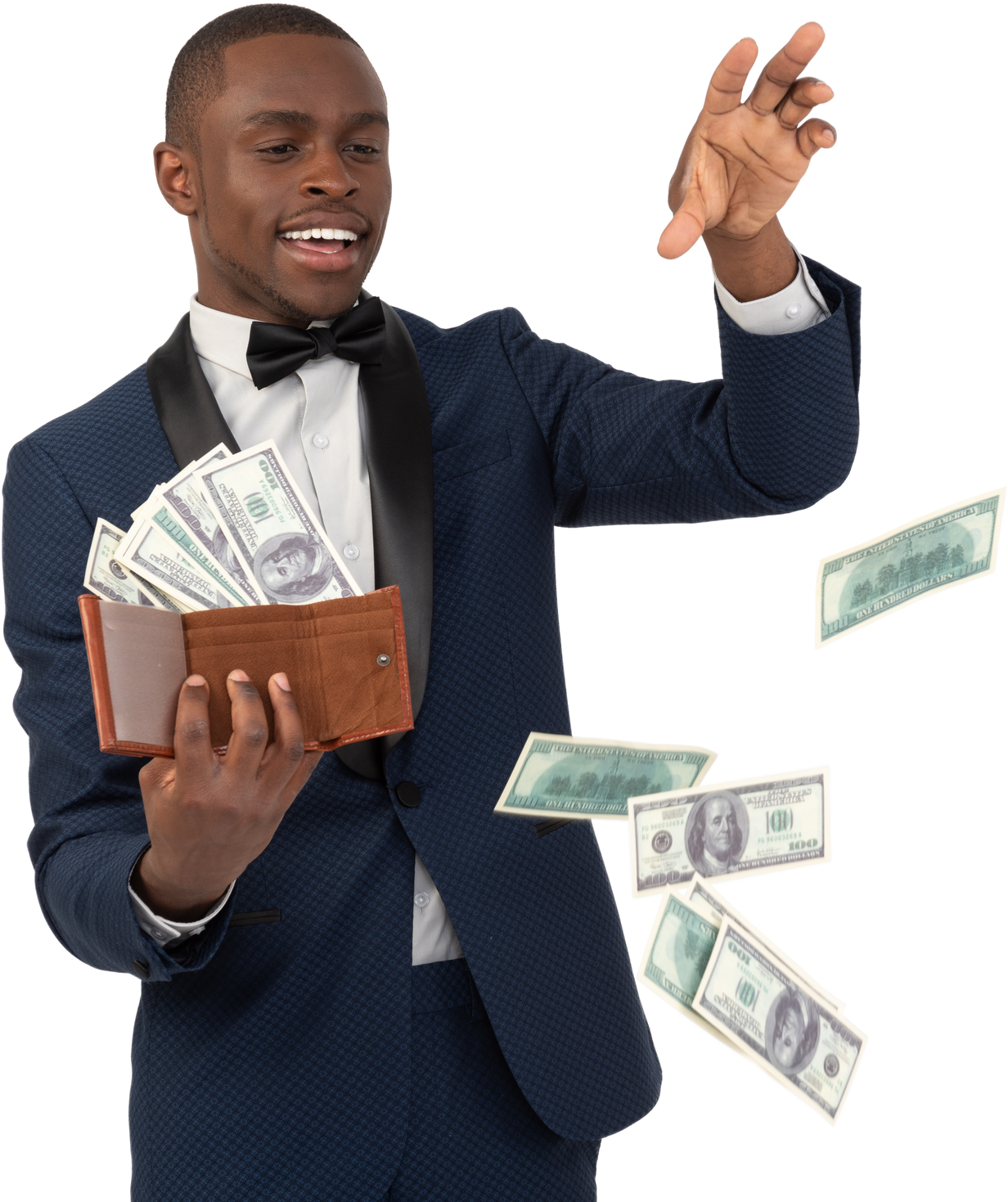 Man in black suit throwing money out of his wallet